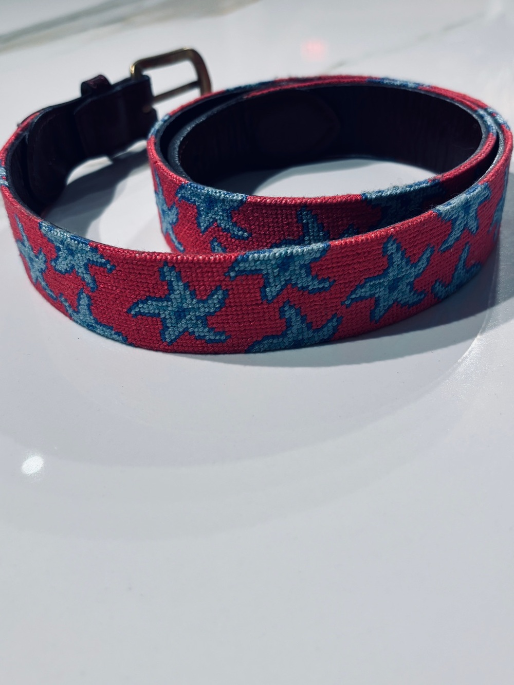 Smathers & Branson Needlepoint Leather Belt Red Blue Size 36
